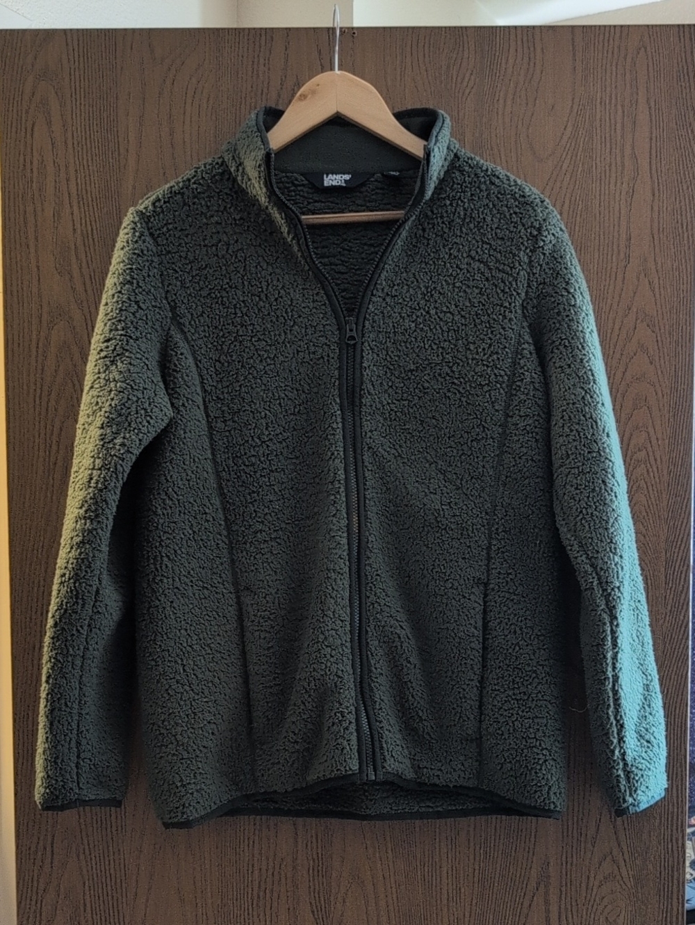 Lands' End Dark Olive Sherpa Zip Front Sweater